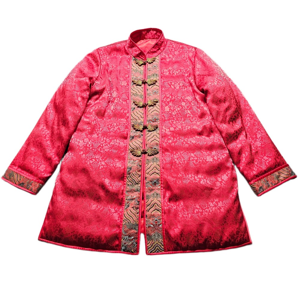 Vtg Women Traditional Tang Jacket Red Satin Silk Padded Long Sleeve Frog Button